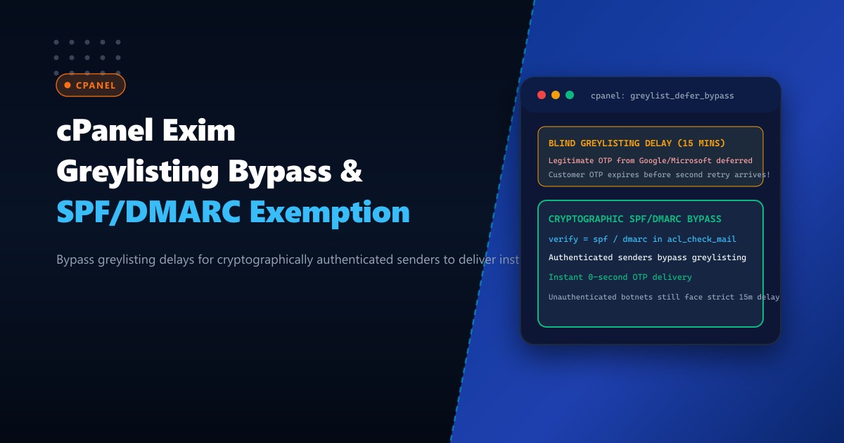 cPanel Exim Greylisting Bypass & SPF/DMARC Whitelisting: Eliminating OTP Delays